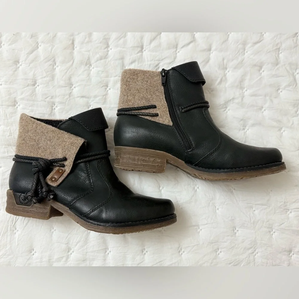 Rieker Fee 93 Black Faux Leather Ankle Boots Booties Women Size 38/7-7.5 Tassels